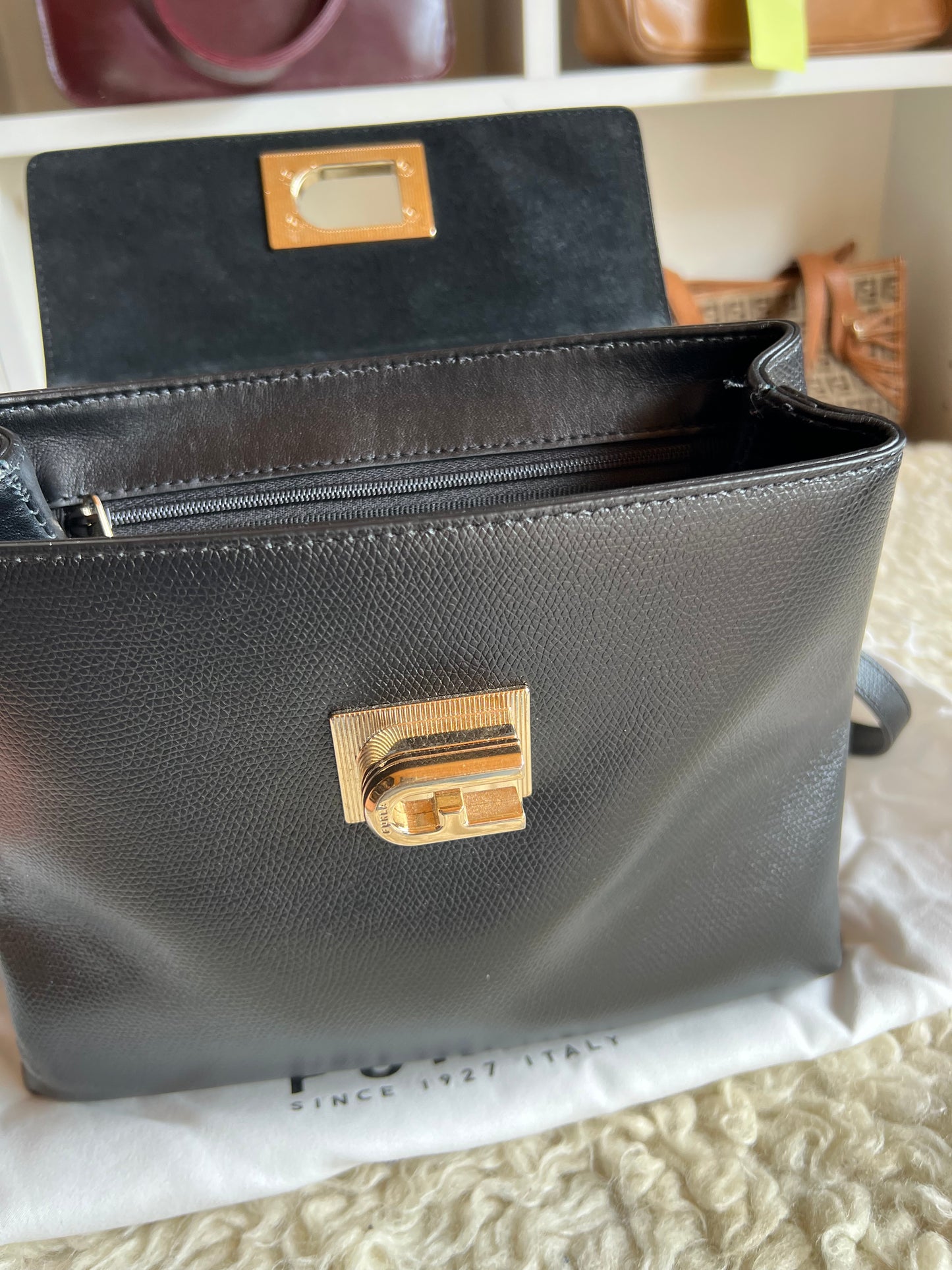 Furla 1927 Black Leather Bag (Kelly Style)