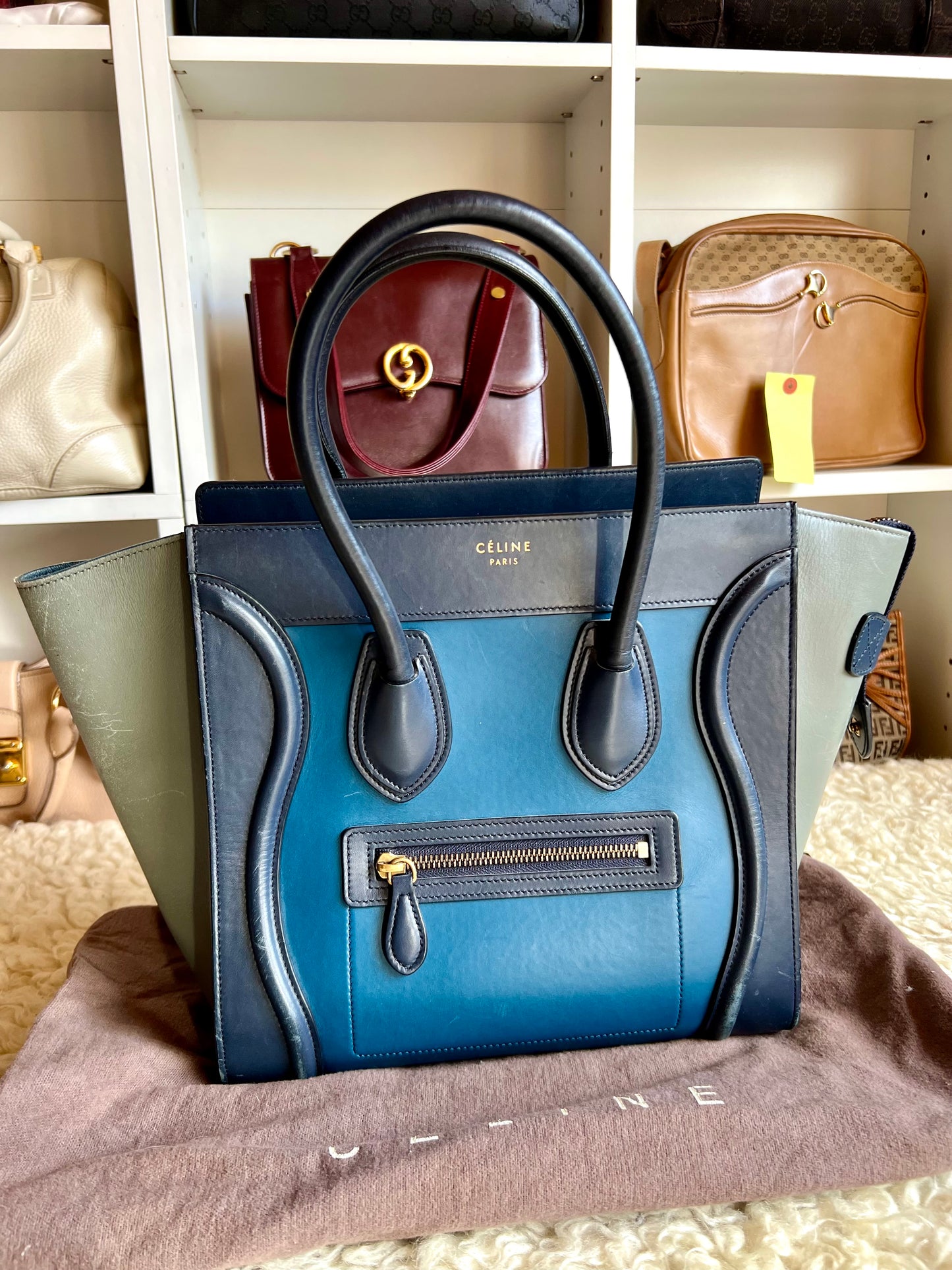 Celine Micro  Shopper Luggage Bag Tri-color Dark Blue, Light Blue & Gray Leather Handbag