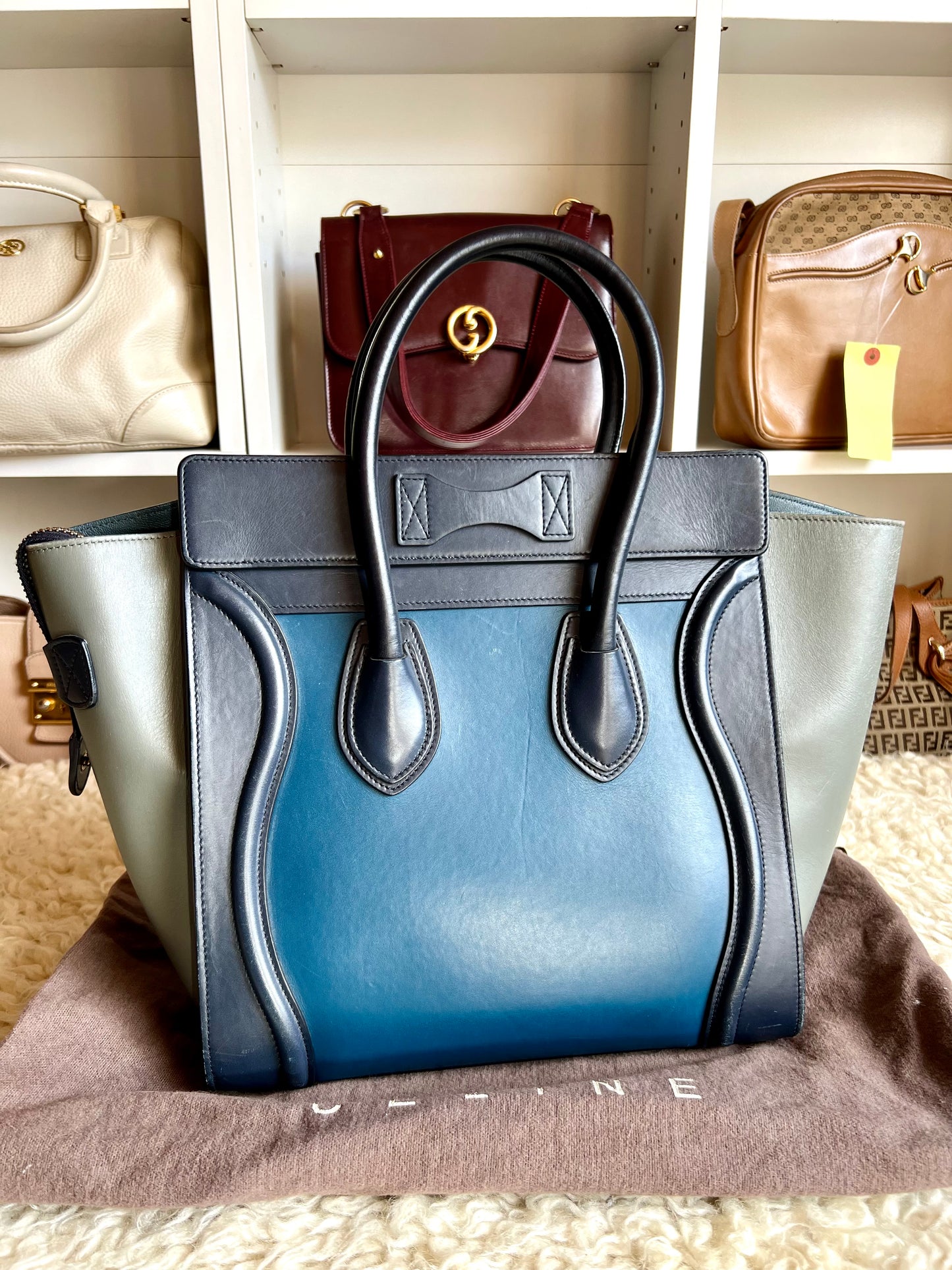 Celine Micro  Shopper Luggage Bag Tri-color Dark Blue, Light Blue & Gray Leather Handbag