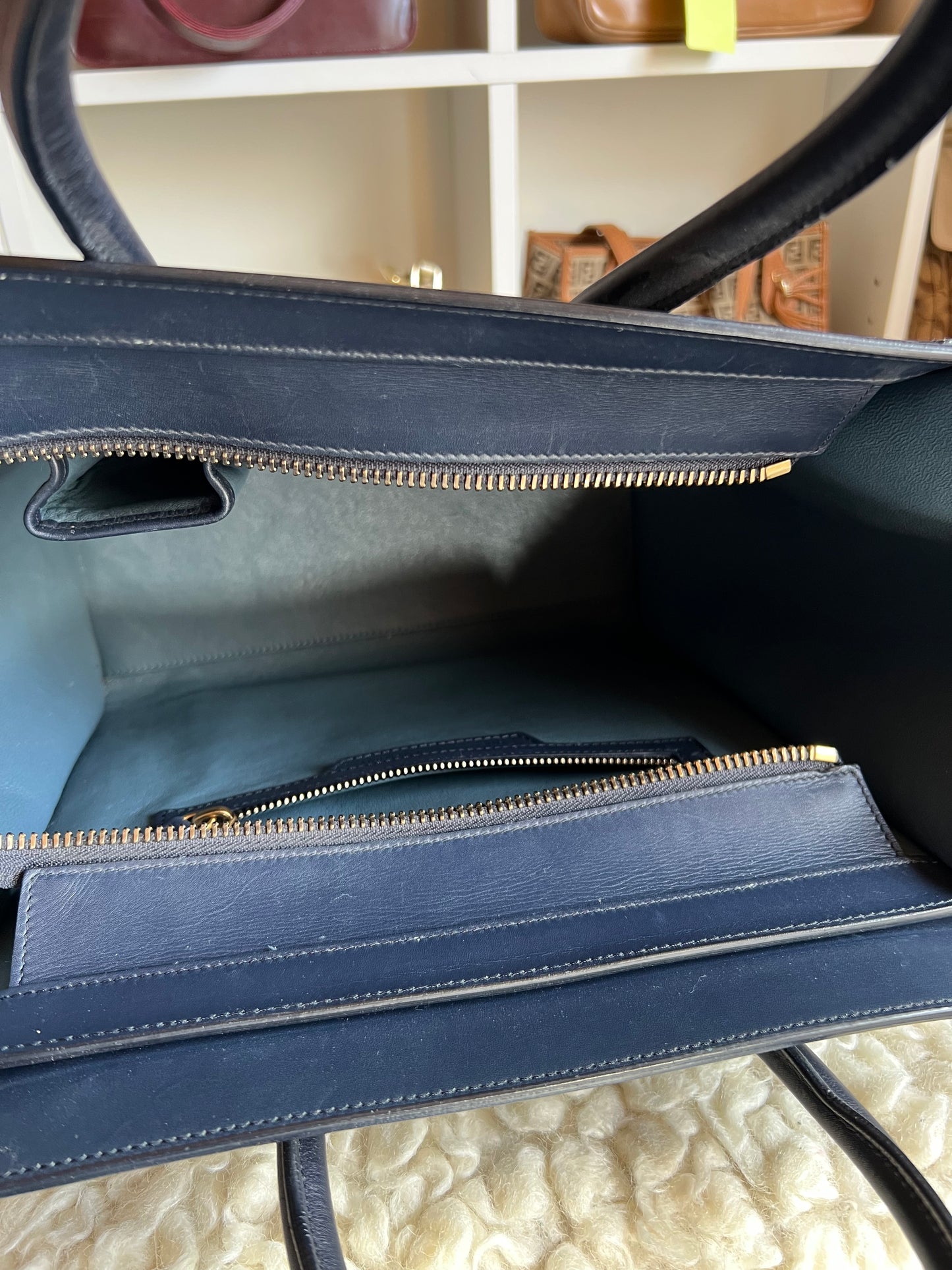 Celine Micro  Shopper Luggage Bag Tri-color Dark Blue, Light Blue & Gray Leather Handbag