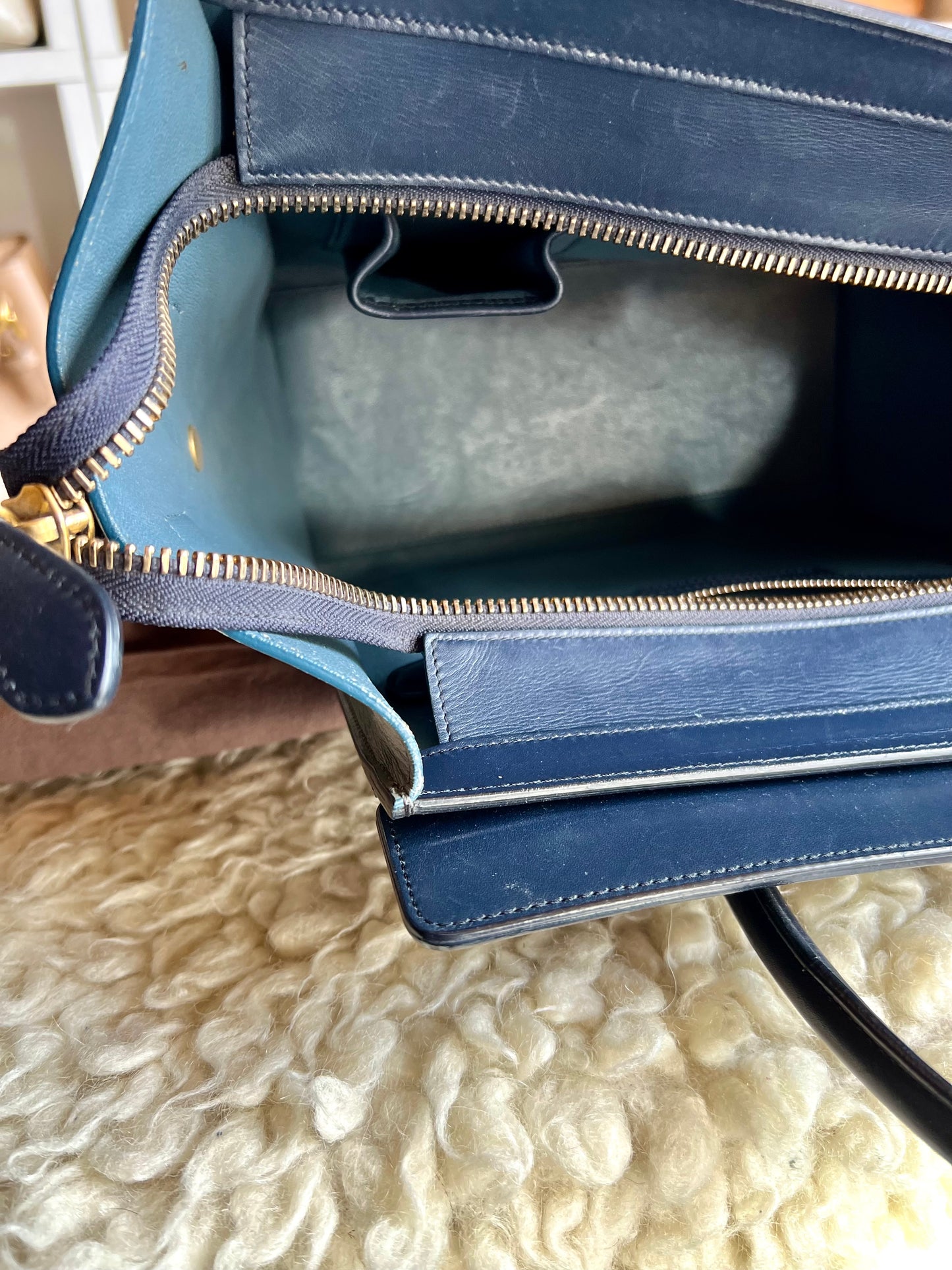 Celine Micro  Shopper Luggage Bag Tri-color Dark Blue, Light Blue & Gray Leather Handbag