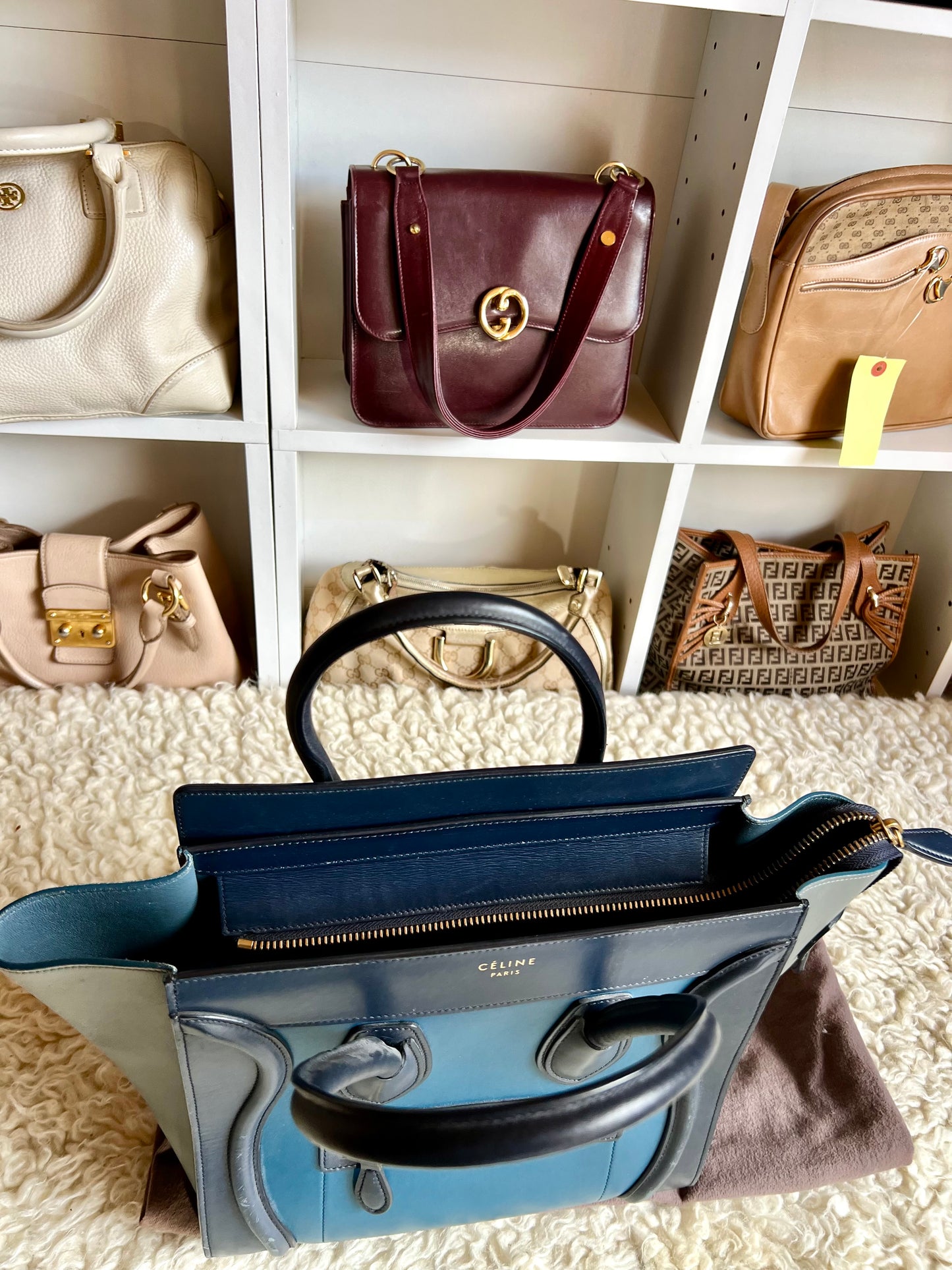 Celine Micro  Shopper Luggage Bag Tri-color Dark Blue, Light Blue & Gray Leather Handbag