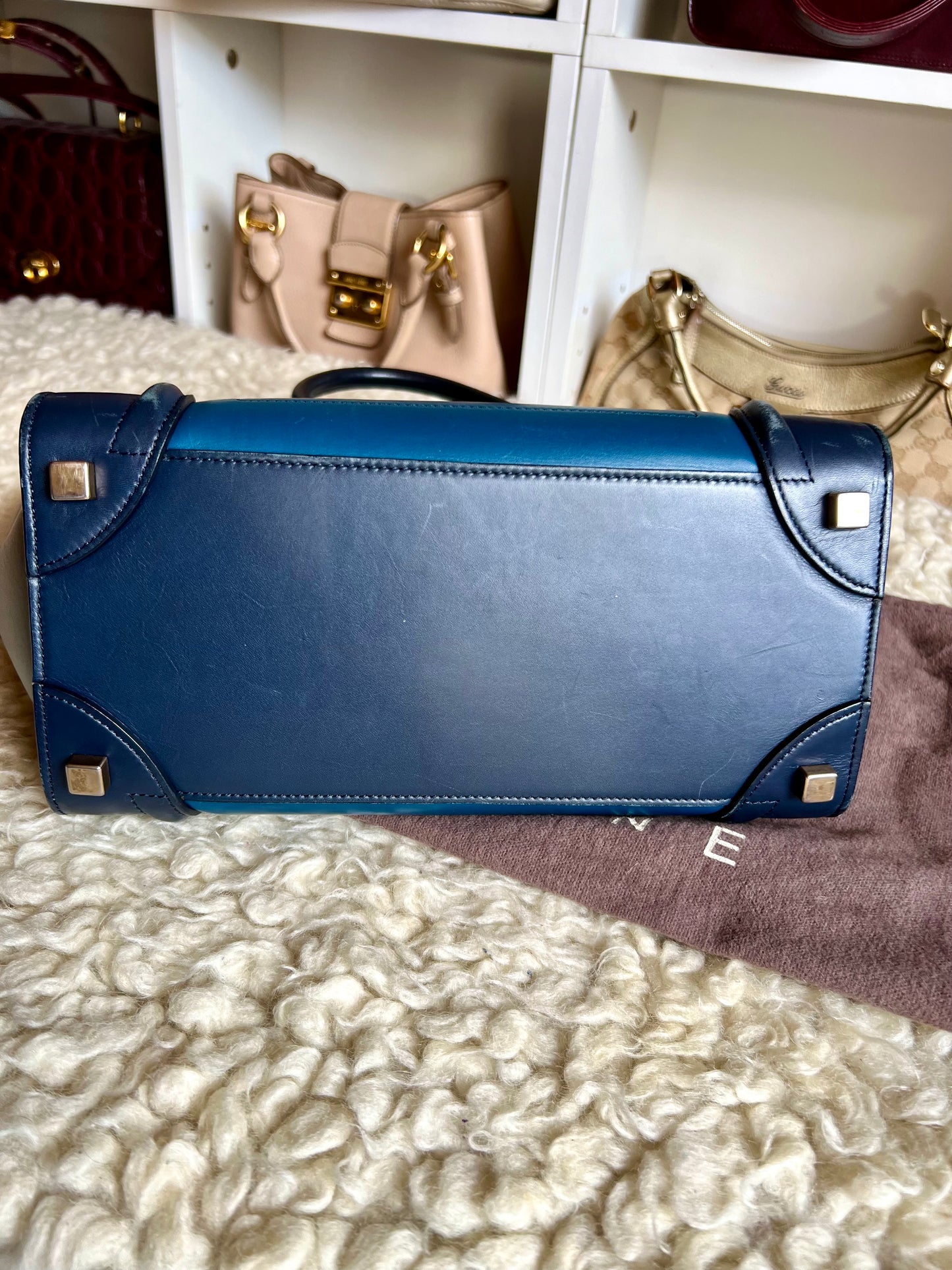 Celine Micro  Shopper Luggage Bag Tri-color Dark Blue, Light Blue & Gray Leather Handbag