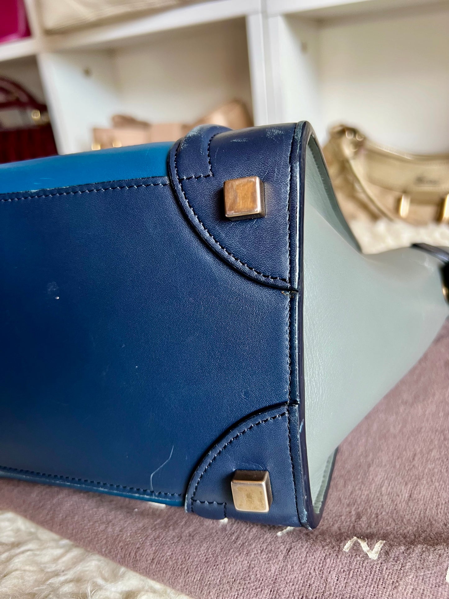 Celine Micro  Shopper Luggage Bag Tri-color Dark Blue, Light Blue & Gray Leather Handbag