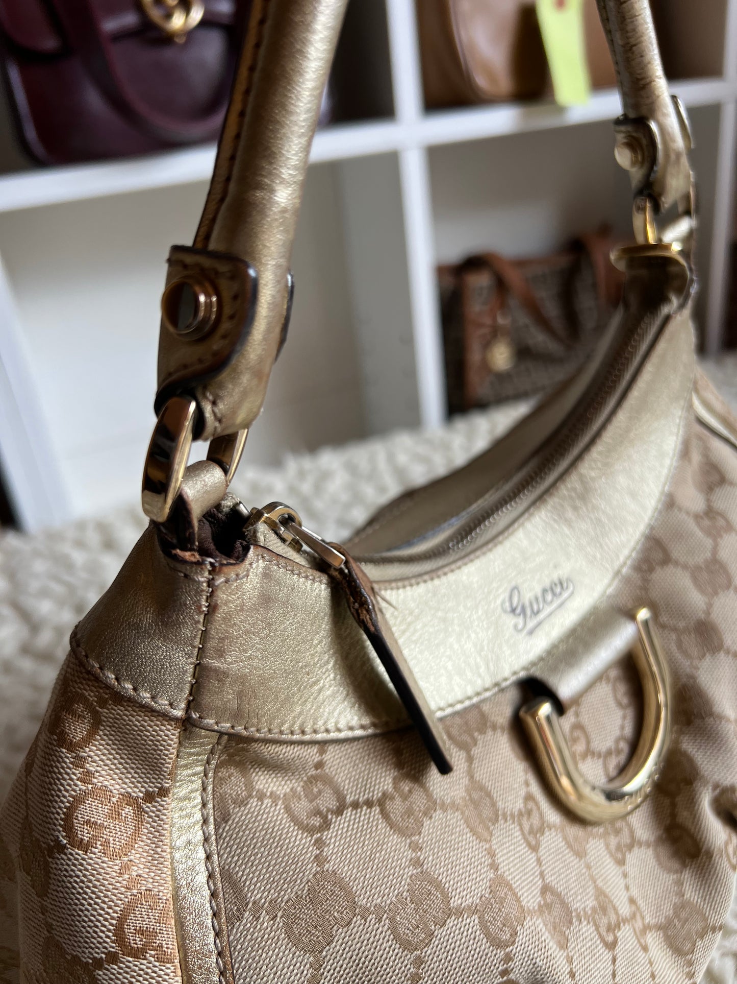 Gucci Abby Gold Buckle Hardware Shoulder Canvas Leather Bag