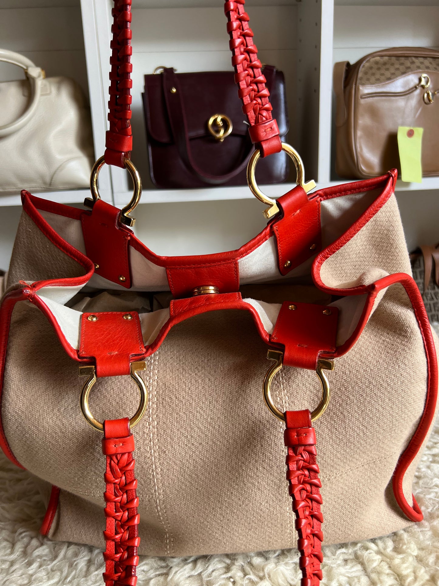 Salvatore Ferragamo Medium Leather & Denim Tote Gold Buckle