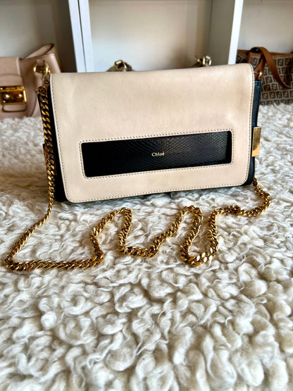 Chloe Black & Cream Gold Hardware Strap Shoulder and Crossbody Bag