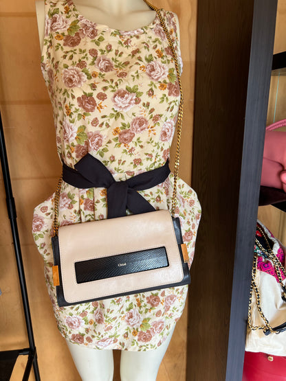 Chloe Black & Cream Gold Hardware Strap Shoulder and Crossbody Bag