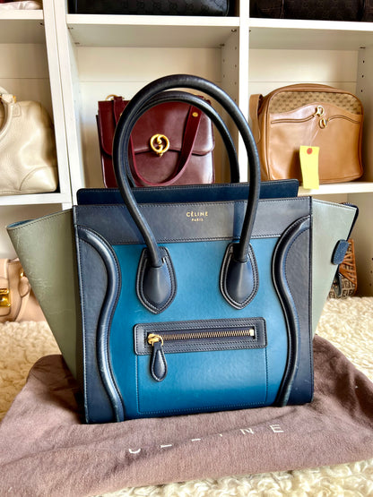 Celine Micro  Shopper Luggage Bag Tri-color Dark Blue, Light Blue & Gray Leather Handbag