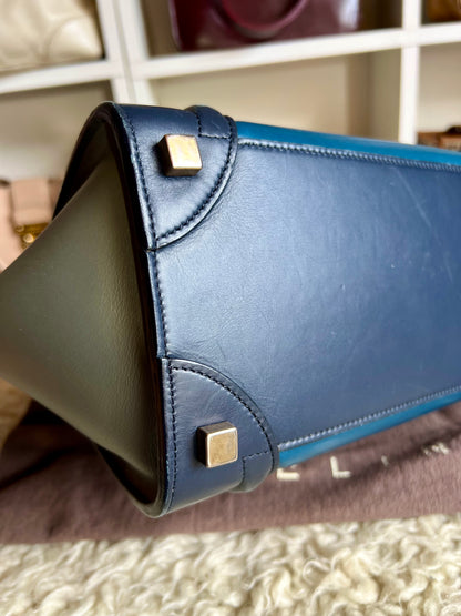 Celine Micro  Shopper Luggage Bag Tri-color Dark Blue, Light Blue & Gray Leather Handbag