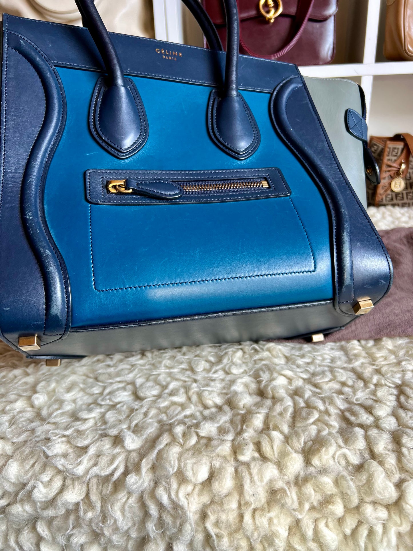 Celine Micro  Shopper Luggage Bag Tri-color Dark Blue, Light Blue & Gray Leather Handbag