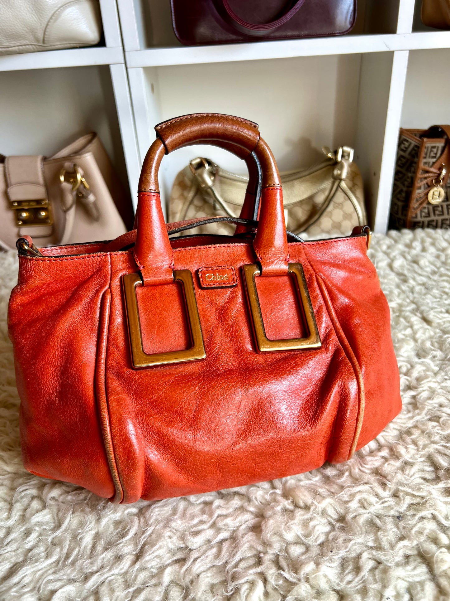 Chloe Ethel Orange Gold Hardware Leather Crossbody Handbag