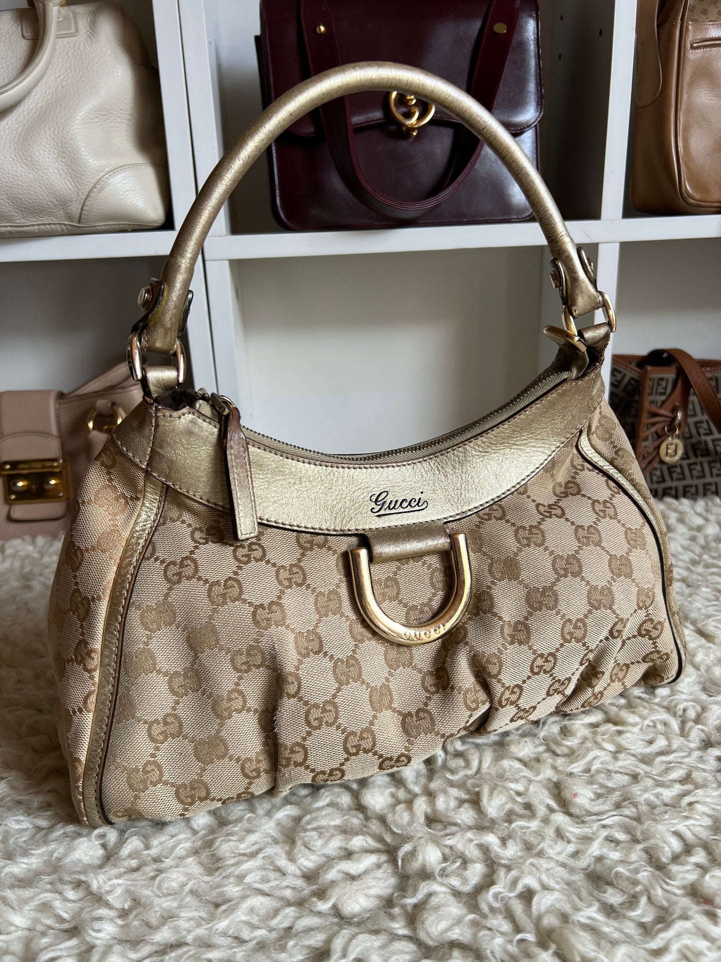 Gucci Abby Gold Buckle Hardware Shoulder Canvas Leather Bag