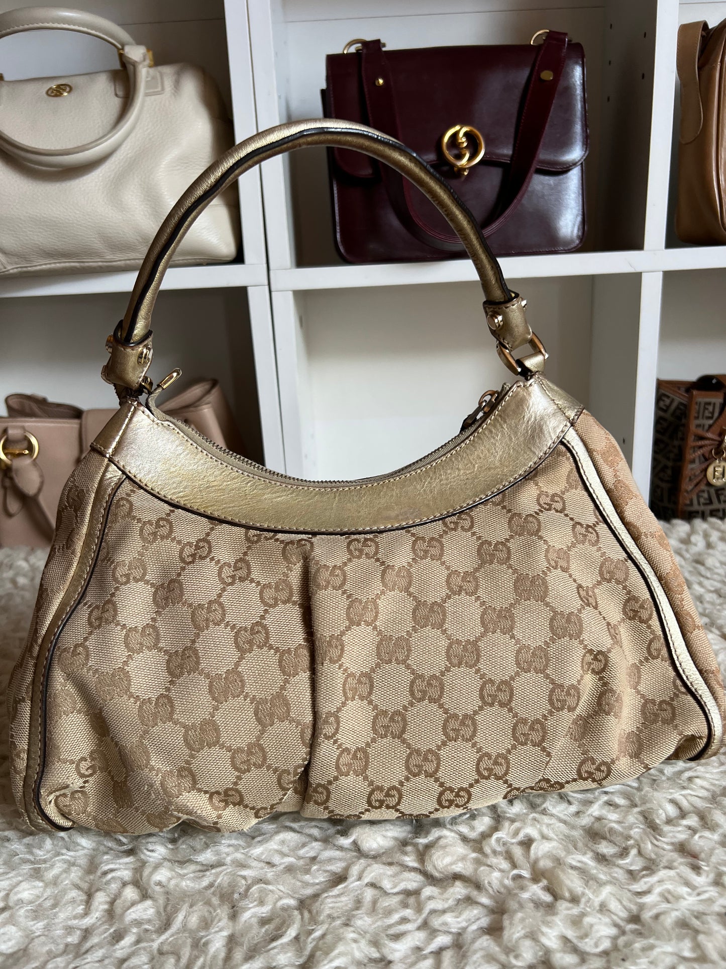Gucci Abby Gold Buckle Hardware Shoulder Canvas Leather Bag