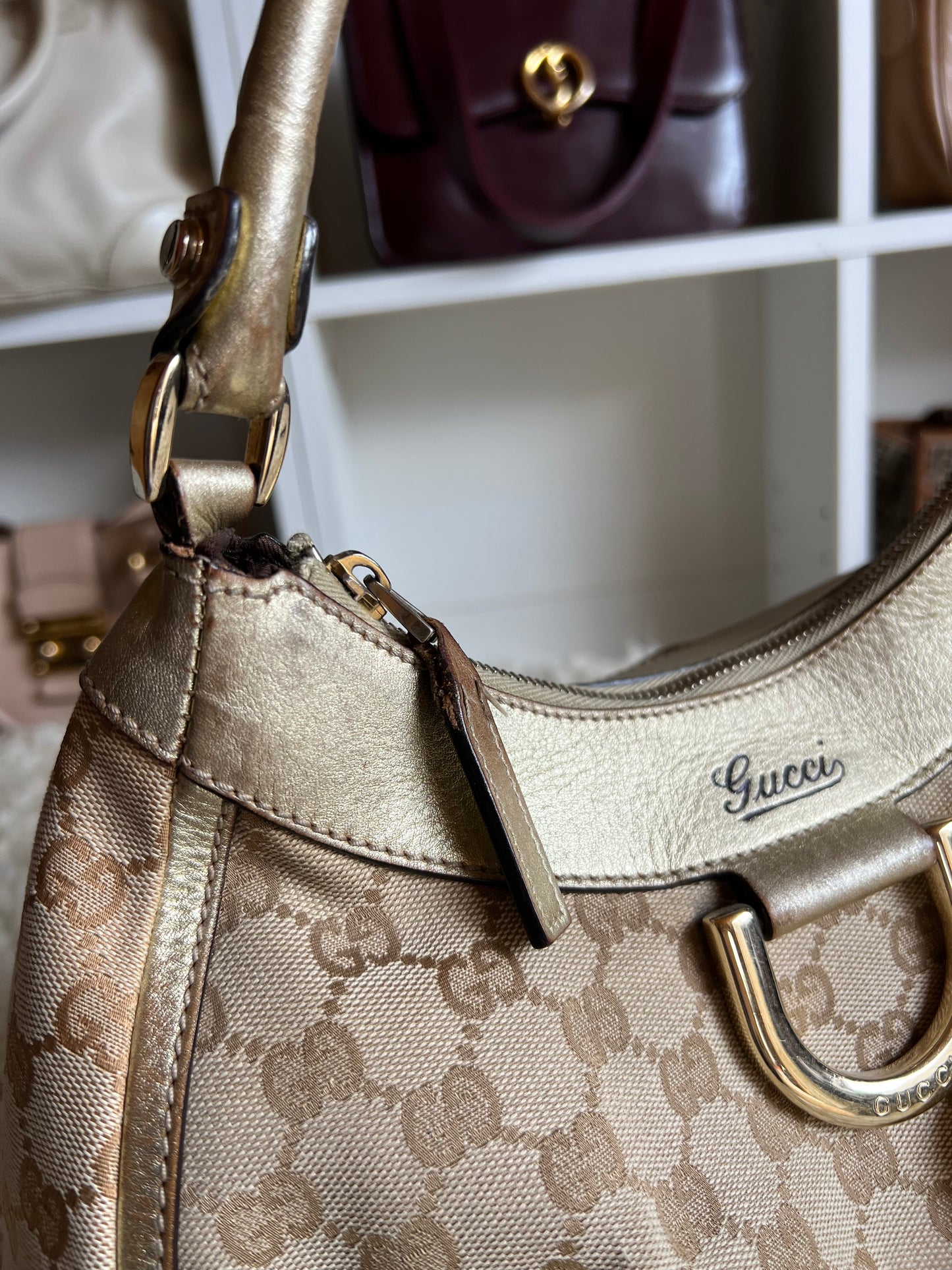 Gucci Abby Gold Buckle Hardware Shoulder Canvas Leather Bag