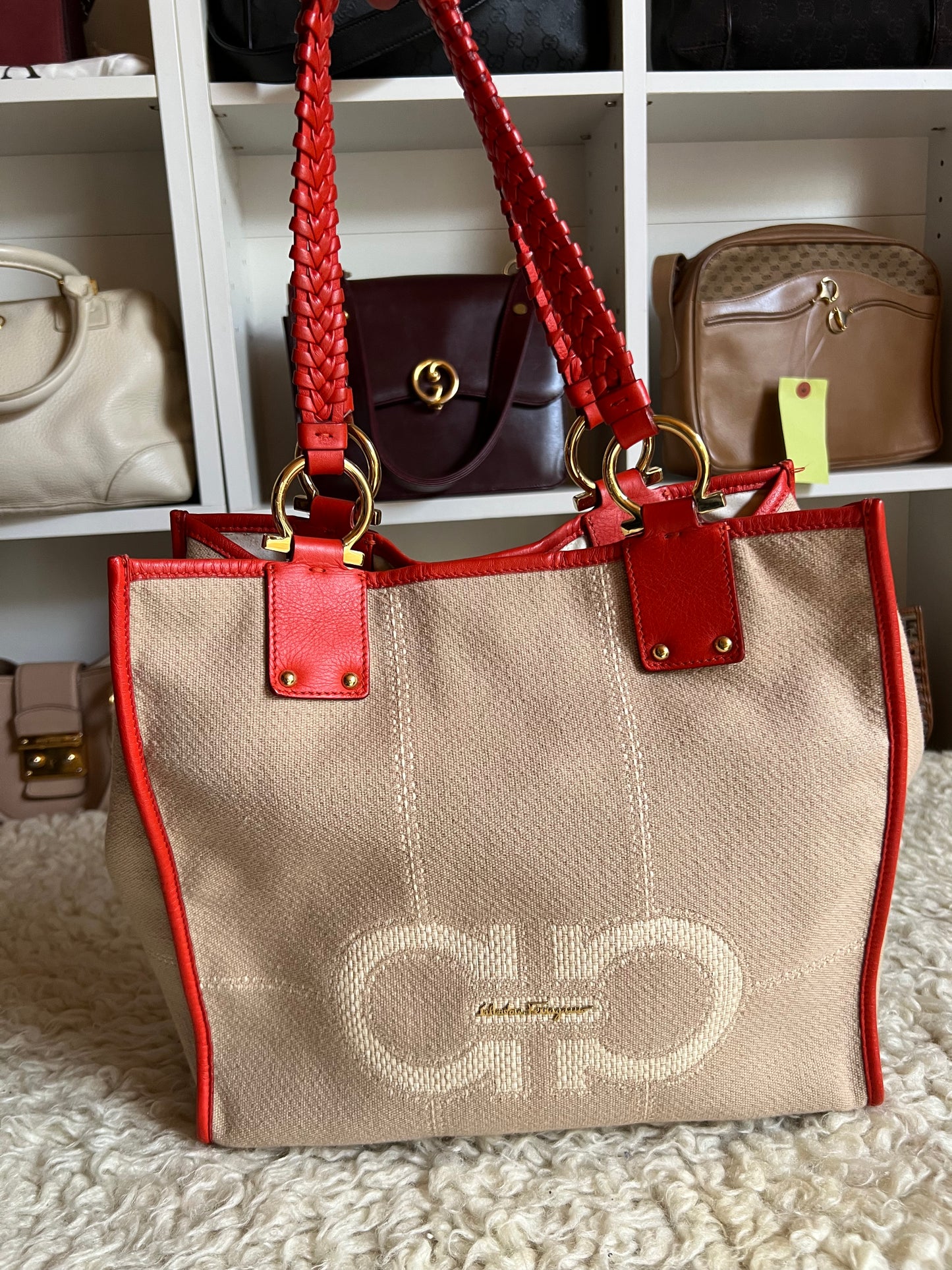 Salvatore Ferragamo Medium Leather & Denim Tote Gold Buckle