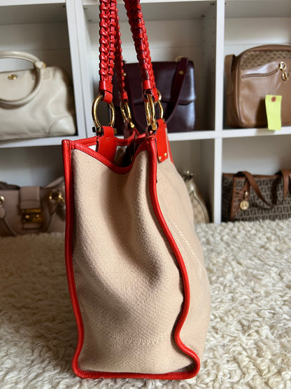 Salvatore Ferragamo Medium Leather & Denim Tote Gold Buckle