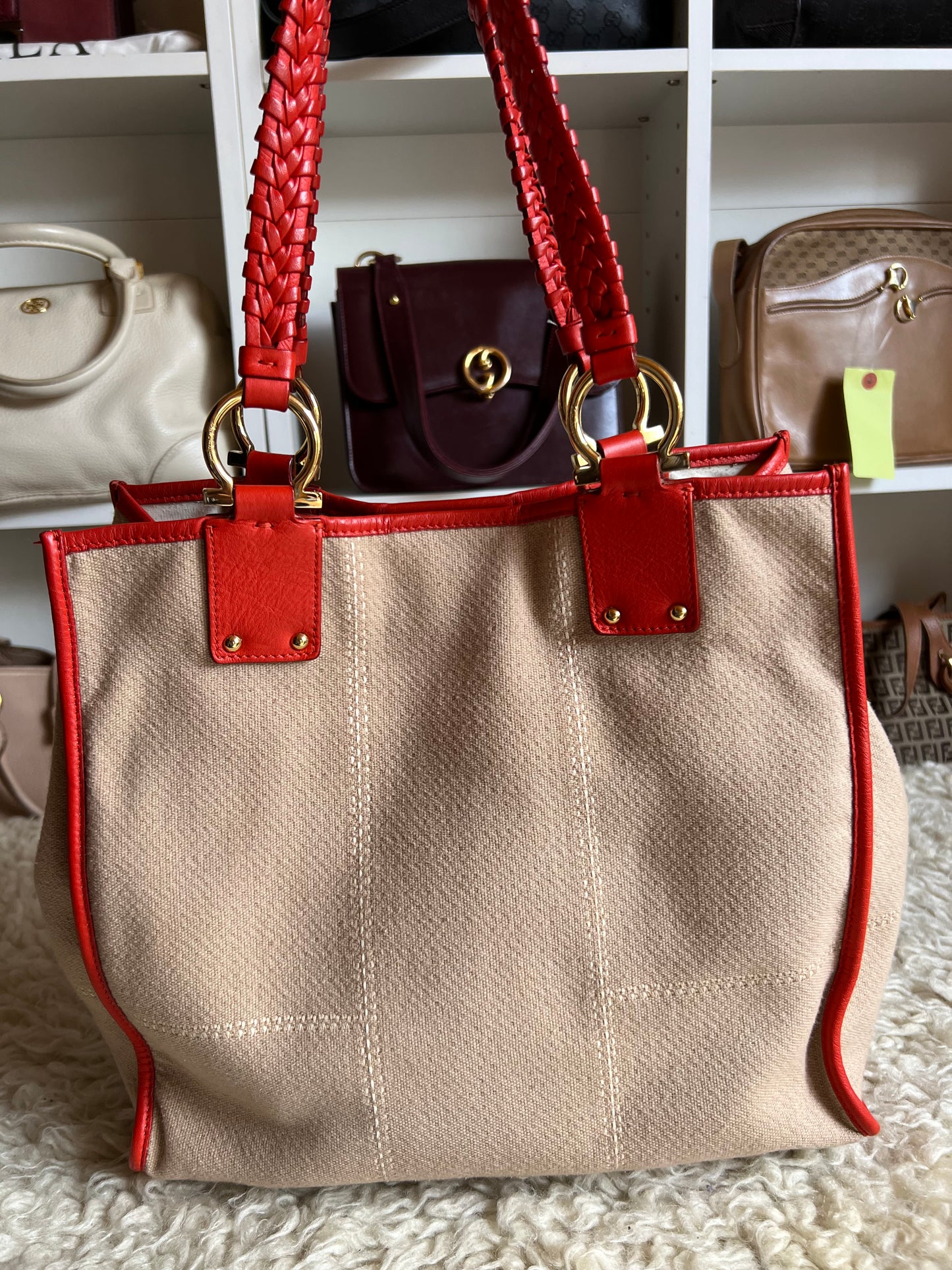 Salvatore Ferragamo Medium Leather & Denim Tote Gold Buckle