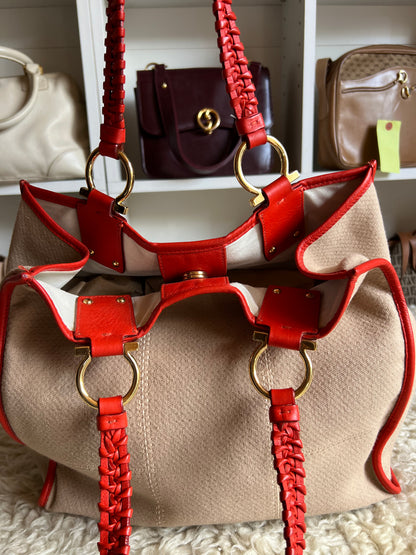 Salvatore Ferragamo Medium Leather & Denim Tote Gold Buckle